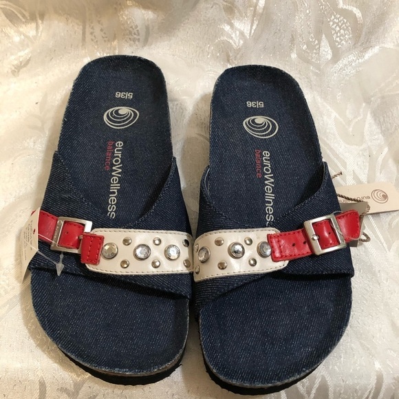 EuroWellness Balance White & Red Denim Slip Ons - Picture 3 of 9